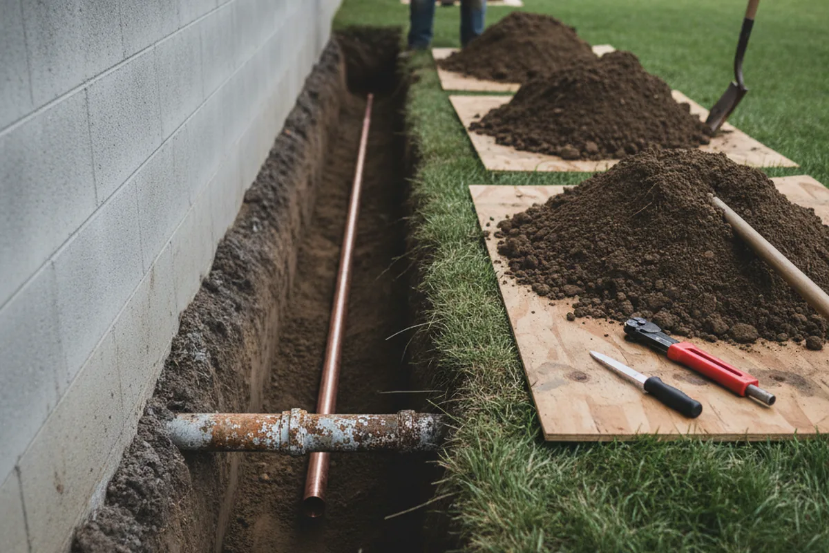 Excavated water line trench during Water Softener Installation in Grindstone